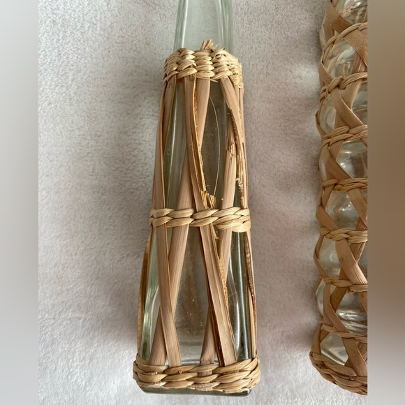 Set Of 4 Wicker Rattan Wrapped Bud Vases Clear‎ Glass Coastal Boho Neutral Decor - Picture 4 of 12